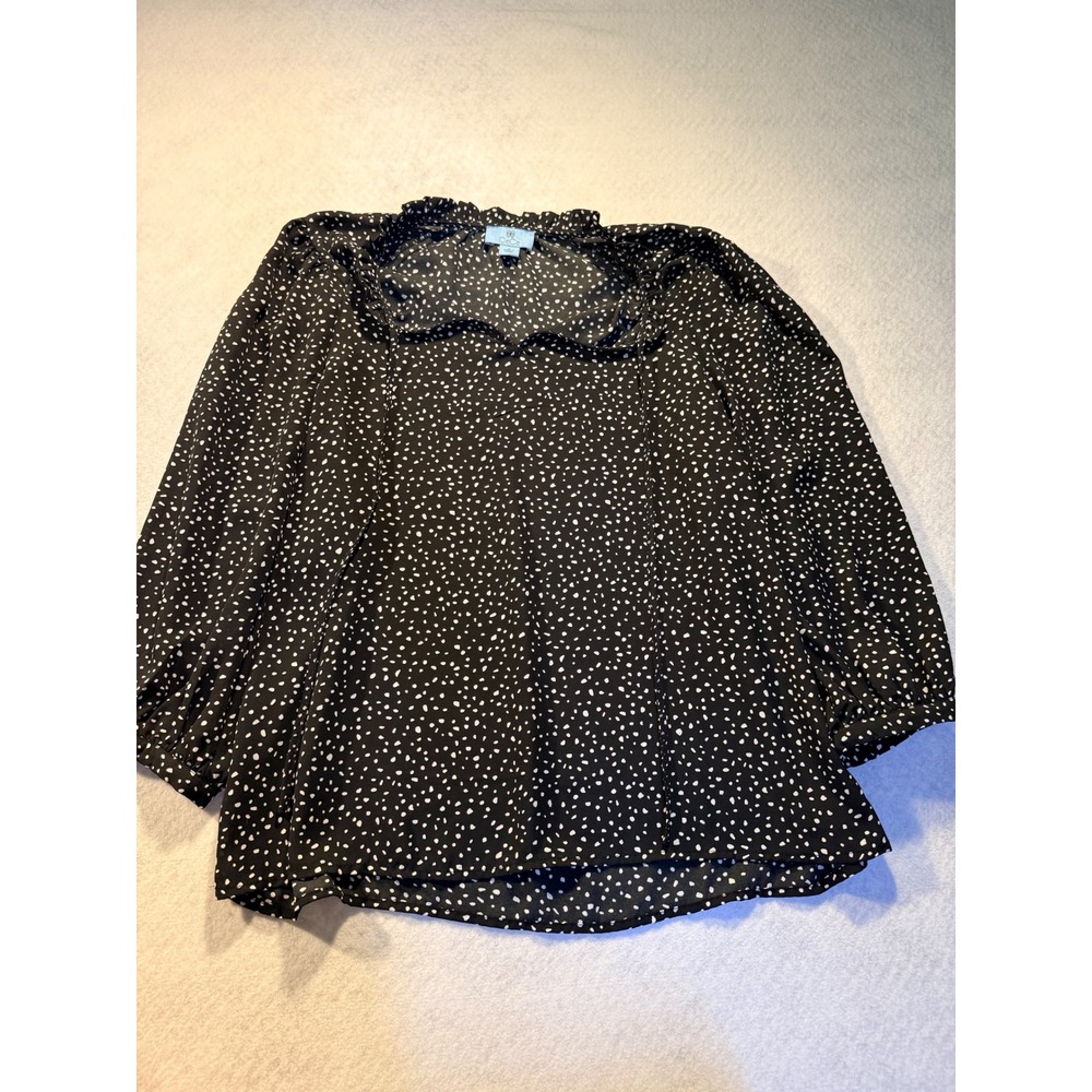 CeCe Polka Dot Ruffle Neck Long Sleeve Blouse Black White Size Large